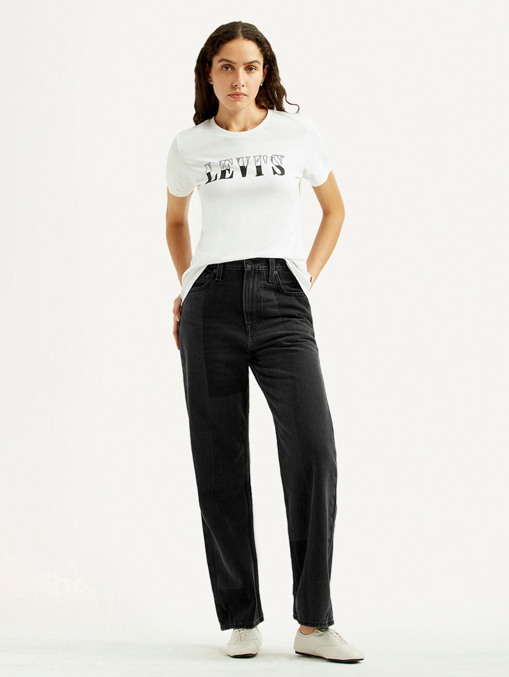 Women's Charcoal Grey Ribcage Straight Fit High Rise Jeans - Styleshot View