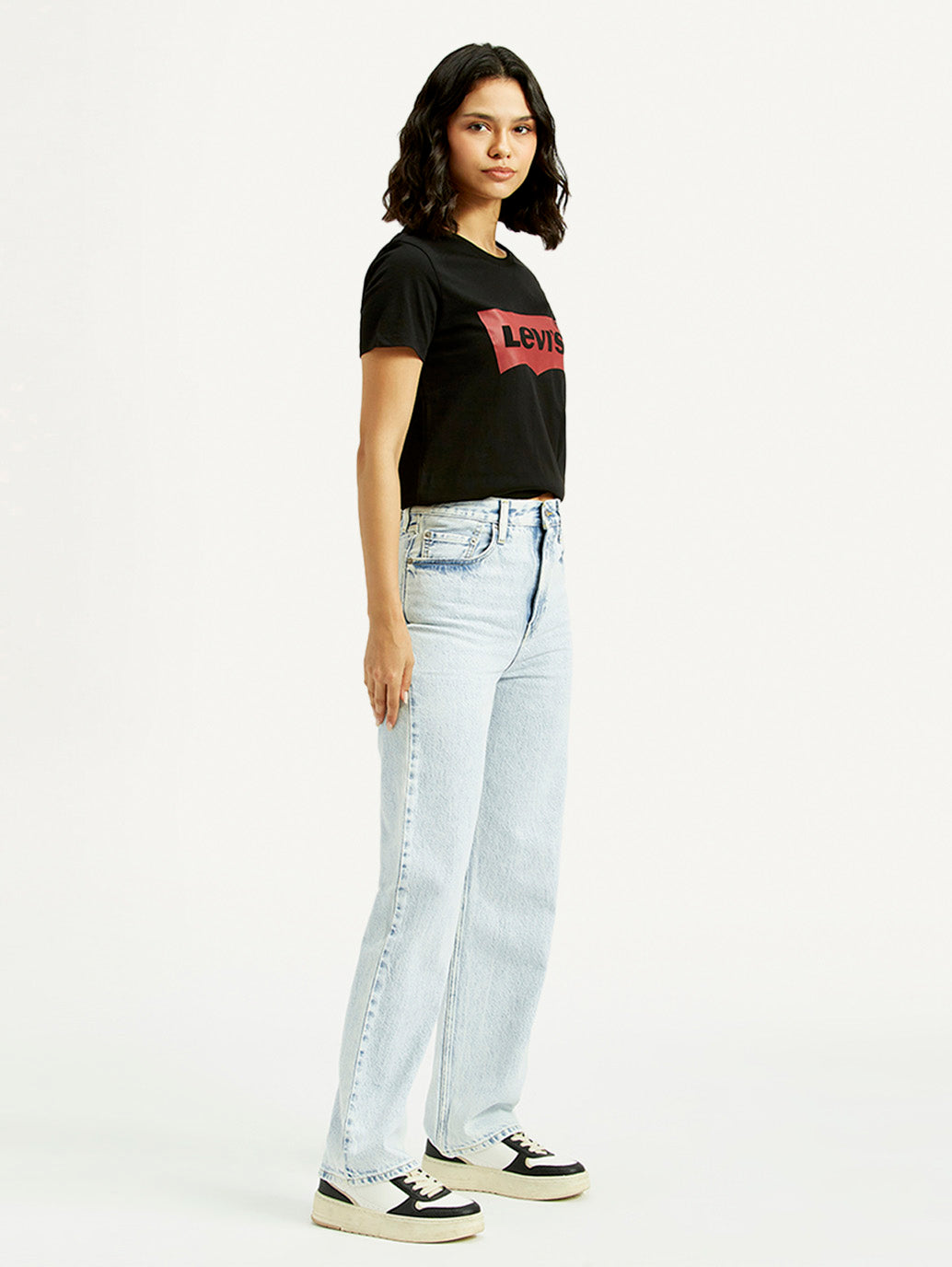 Women's Light Blue Ribcage Straight Fit High Rise Jeans - Side View