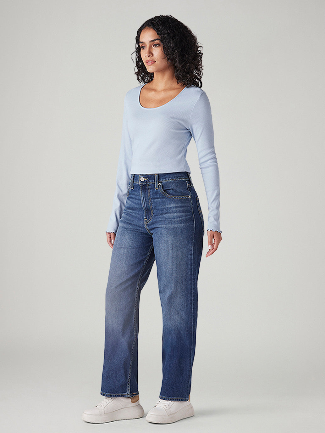 Women's Blue Ribcage Straight Fit High Rise Jeans - Side View