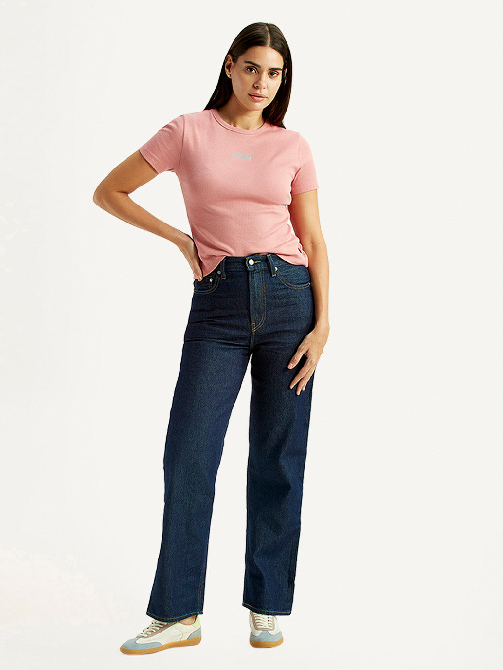 Women's Navy Ribcage Straight Fit High Rise Jeans - Styleshot View