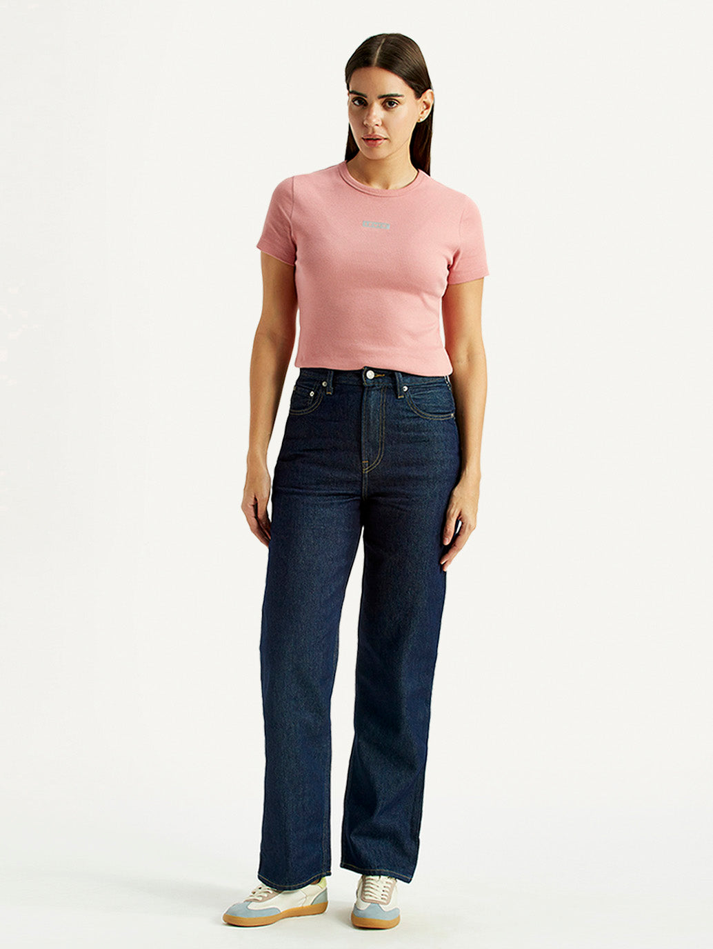 Women's Dark Indigo Ribcage Straight Fit High Rise Jeans - Front View