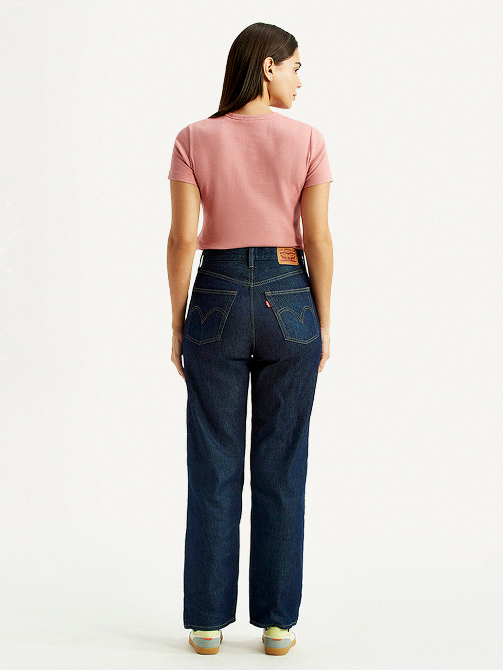 Women's Navy Ribcage Straight Fit High Rise Jeans - Back View