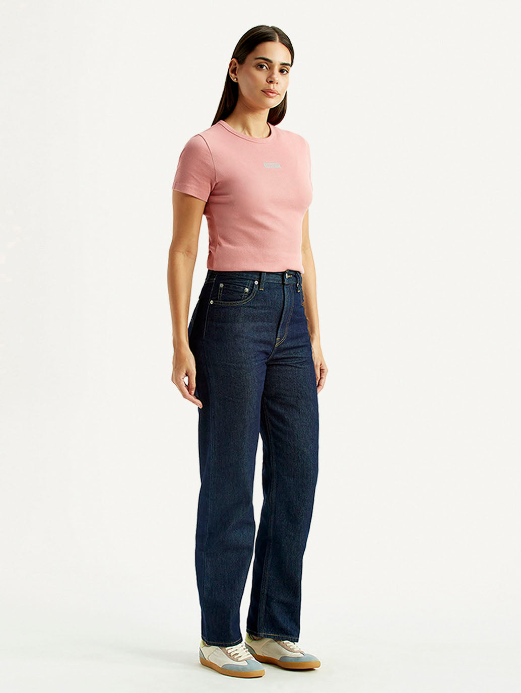 Women's Dark Indigo Ribcage Straight Fit High Rise Jeans - Side View