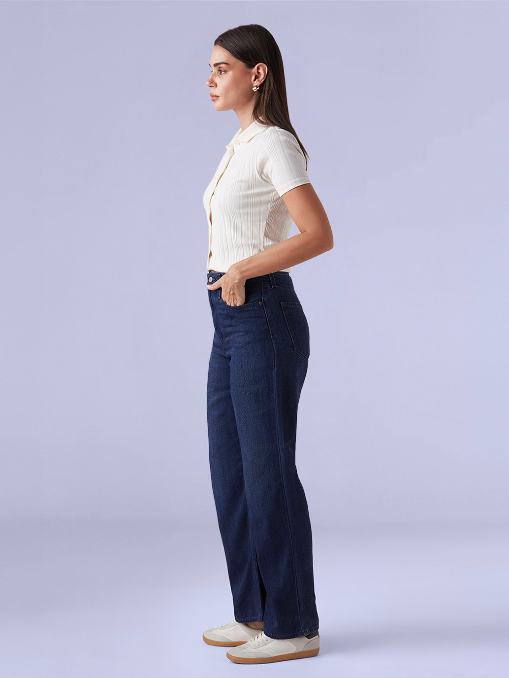 Women's Dark Blue Ribacge Straight Fit High Rise Redloop Jeans - Side View