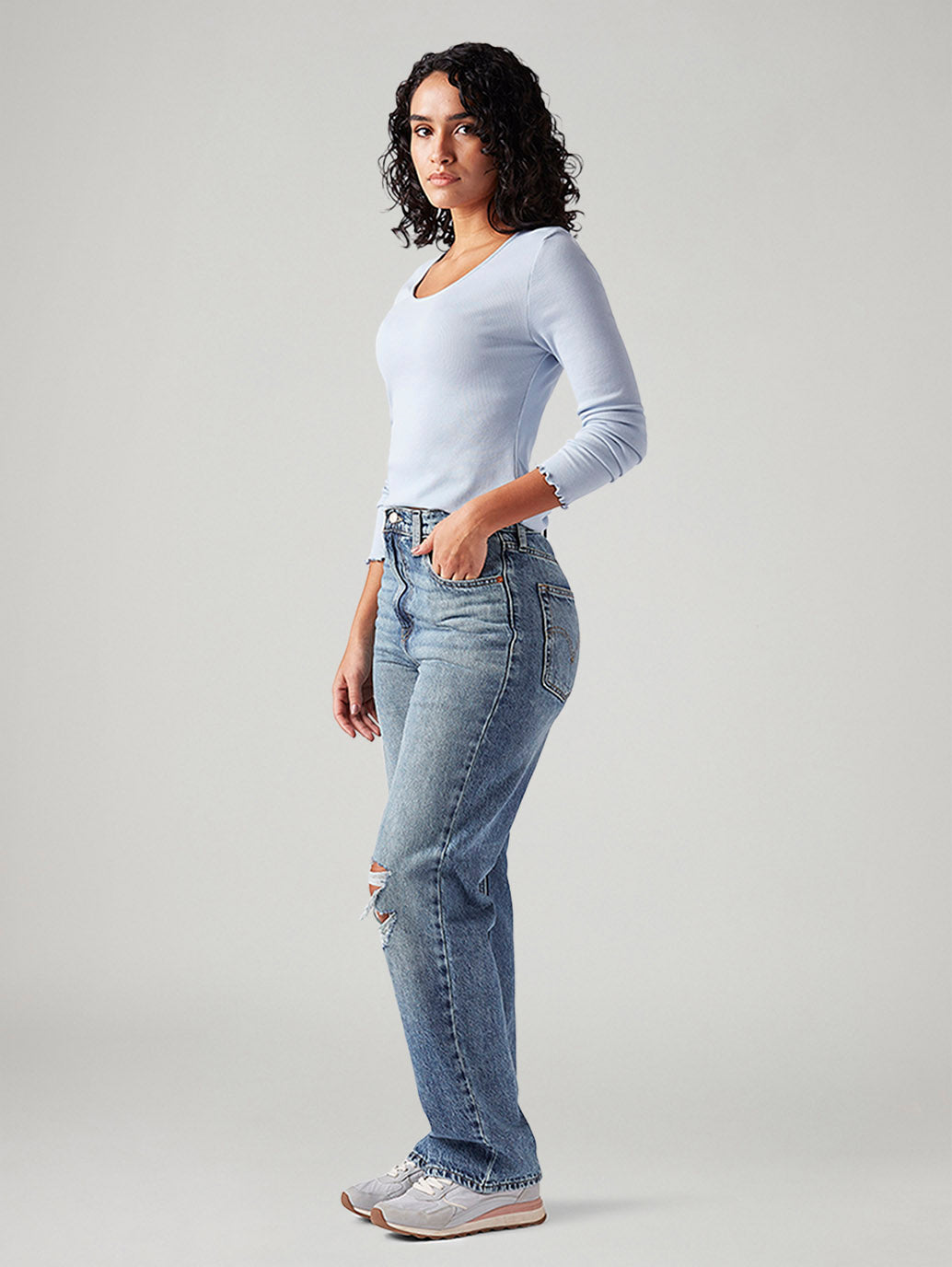 Women's Light Blue Ribcage Straight Fit High Rise Jeans - Side View