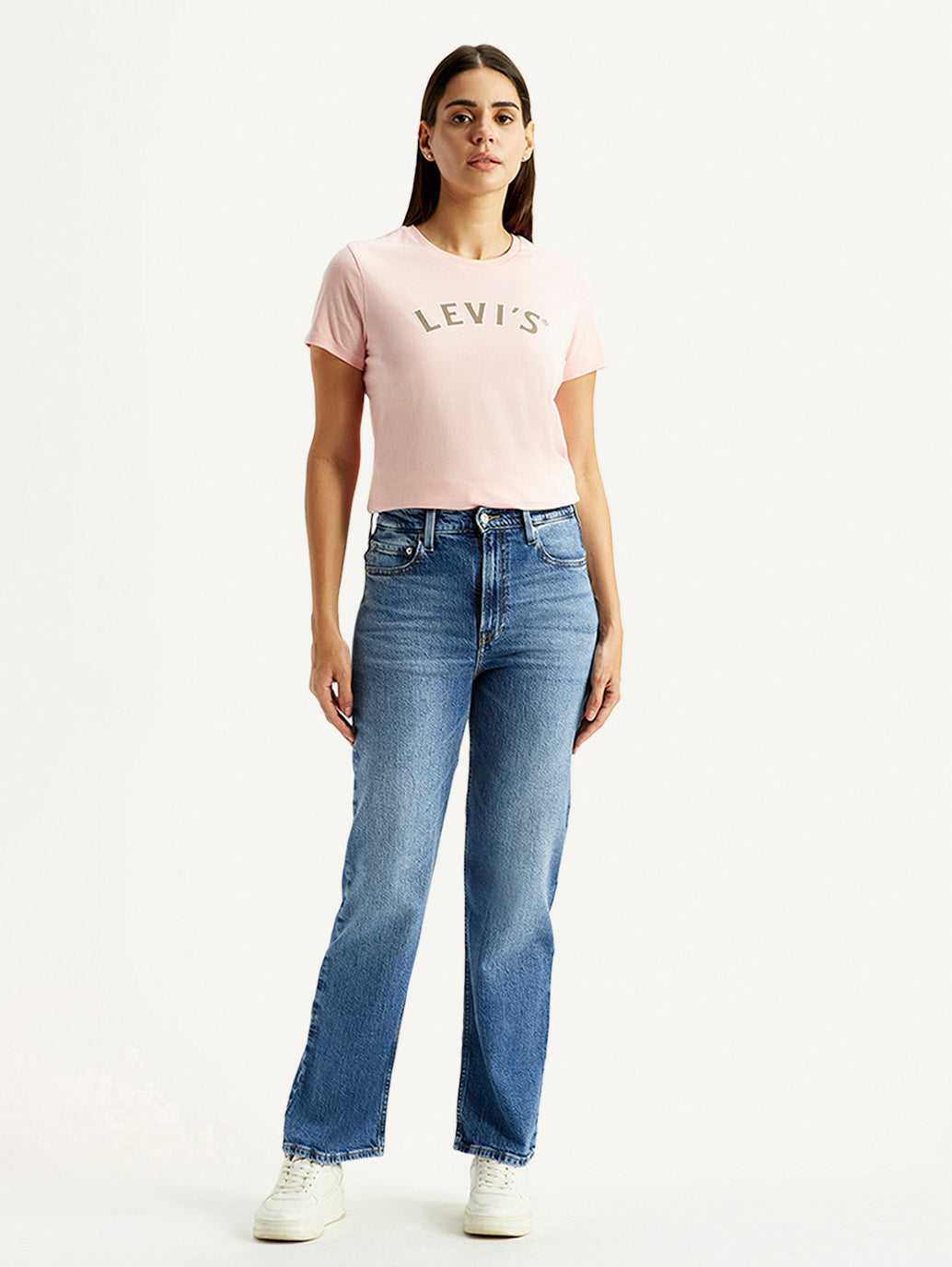 Women's Ribcage Straight Fit Blue High Rise Jeans - Front View