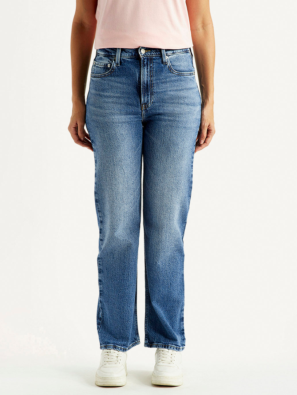Women's Ribcage Straight Fit Blue High Rise Jeans - Front View