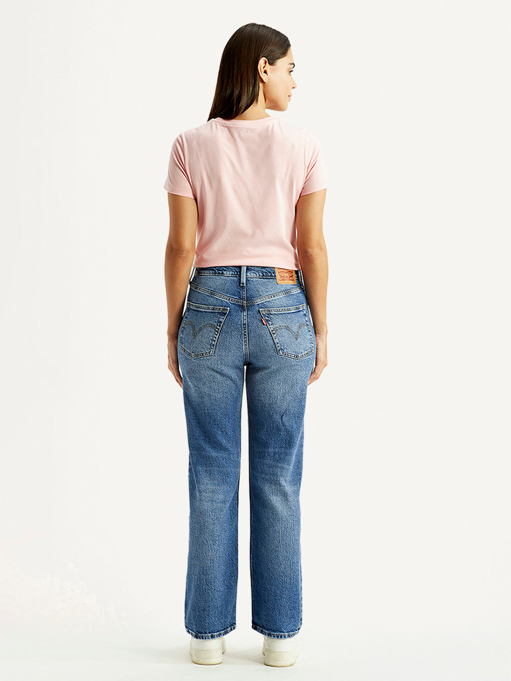Women's Ribcage Straight Fit Med Indigo High Rise Jeans - Back View