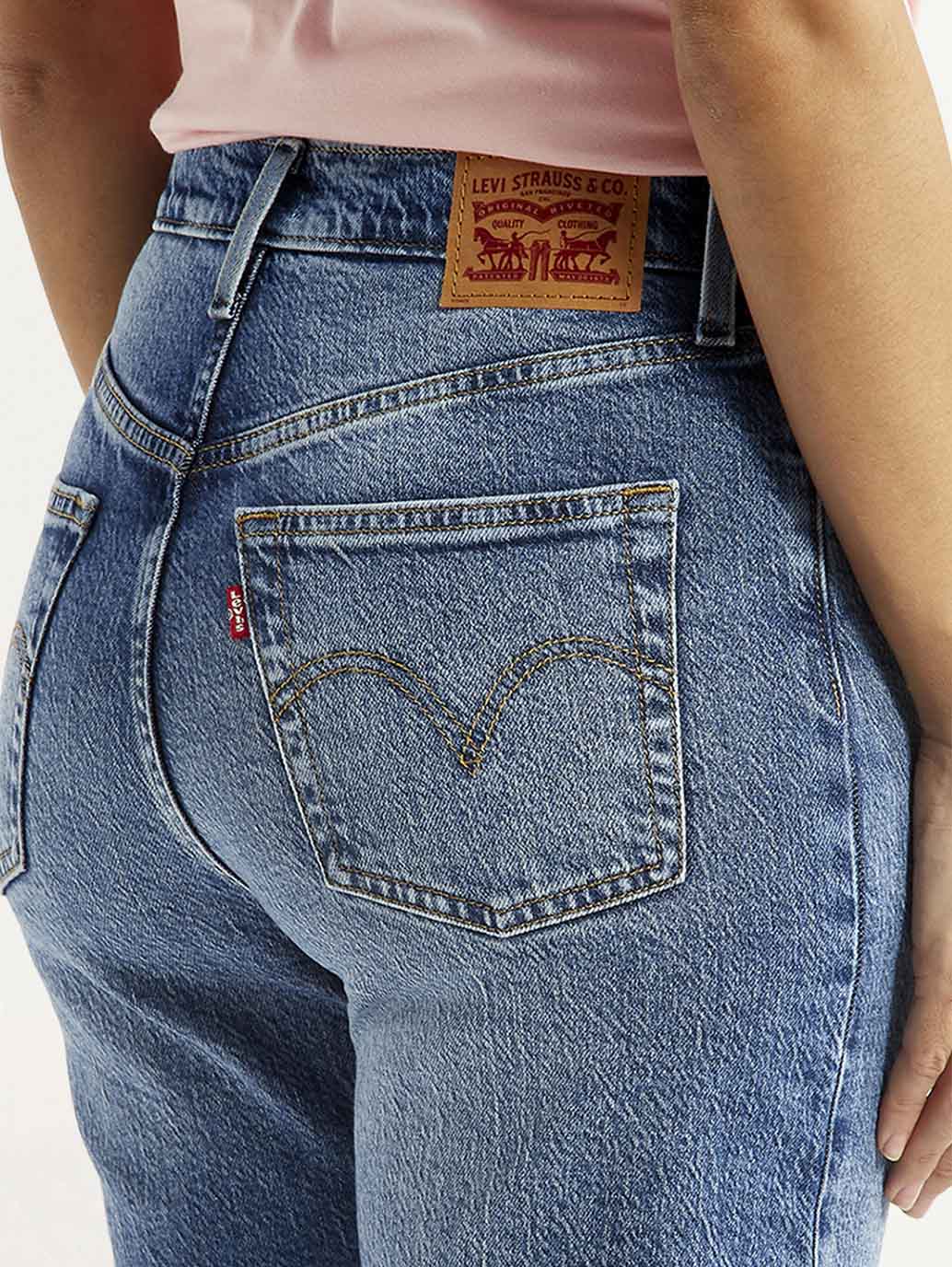 Women's Ribcage Straight Fit Med Indigo High Rise Jeans - Detail View