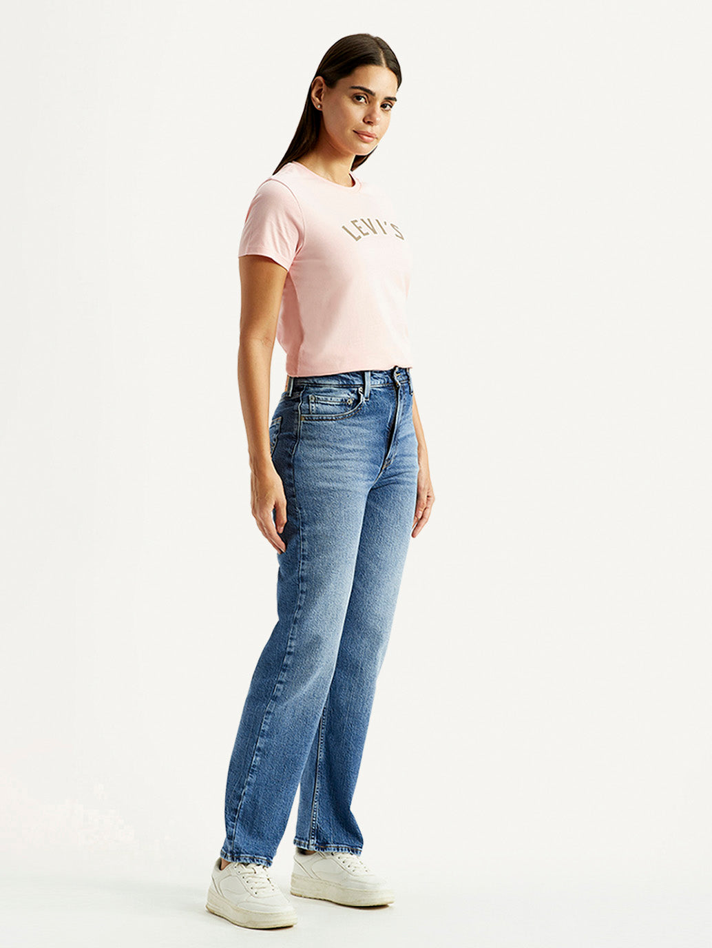 Women's Ribcage Straight Fit Blue High Rise Jeans - Side View