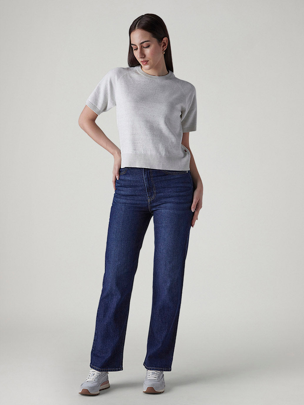 Women's Dark Blue Ribcage Straight Fit High Rise Jeans - Front View