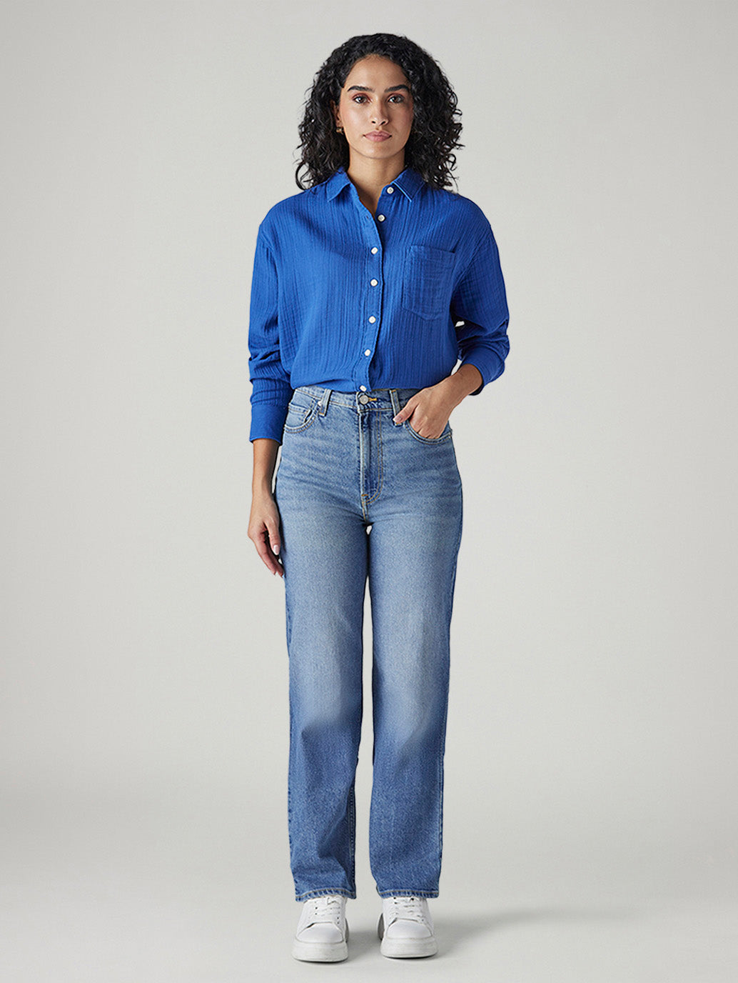 Women's Light Blue Ribcage Straight Fit High Rise Jeans - Front View