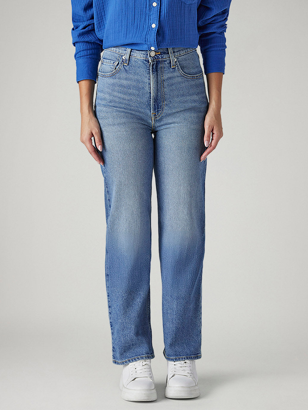 Women's Light Blue Ribcage Straight Fit High Rise Jeans - Front View