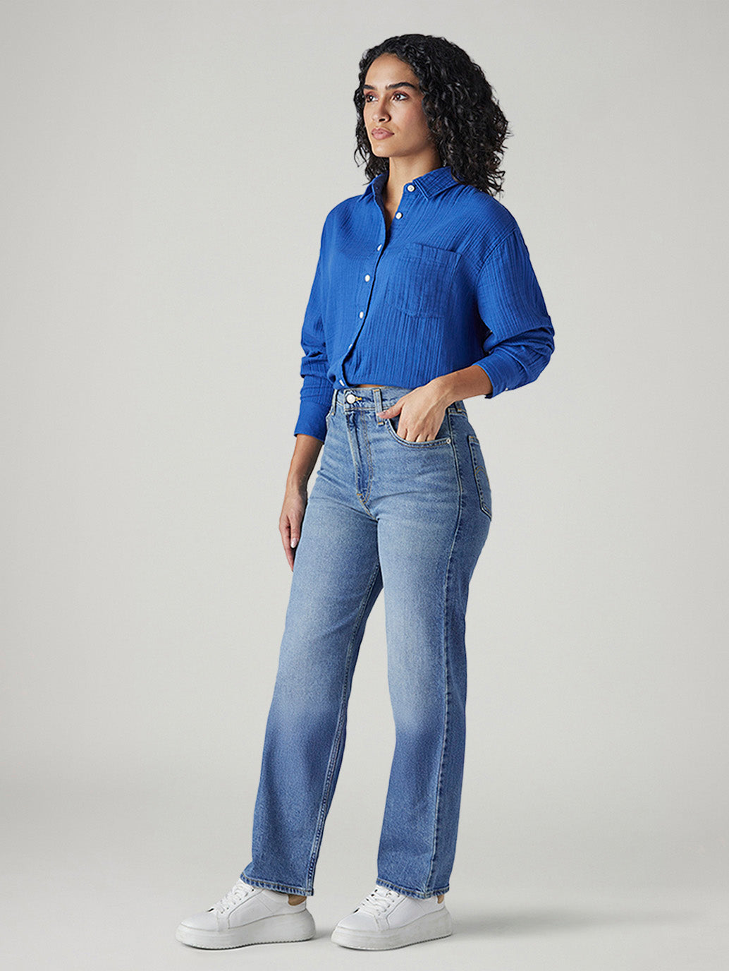 Women's Light Blue Ribcage Straight Fit High Rise Jeans - Side View