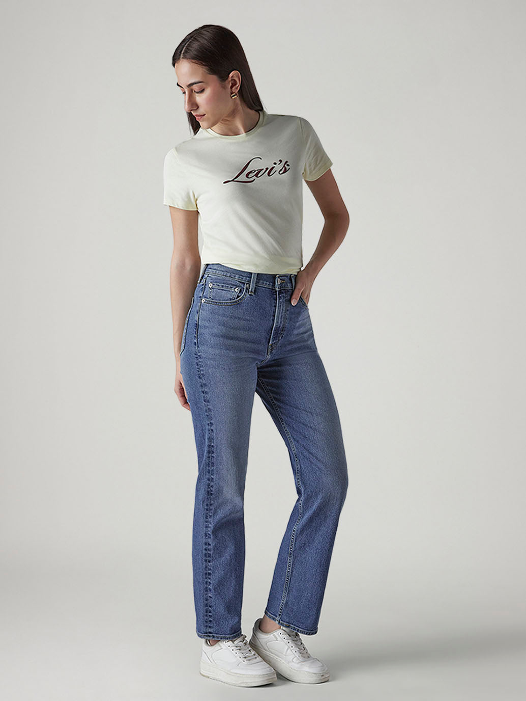 Women's Blue Ribcage Straight High Rise Jeans - Side View