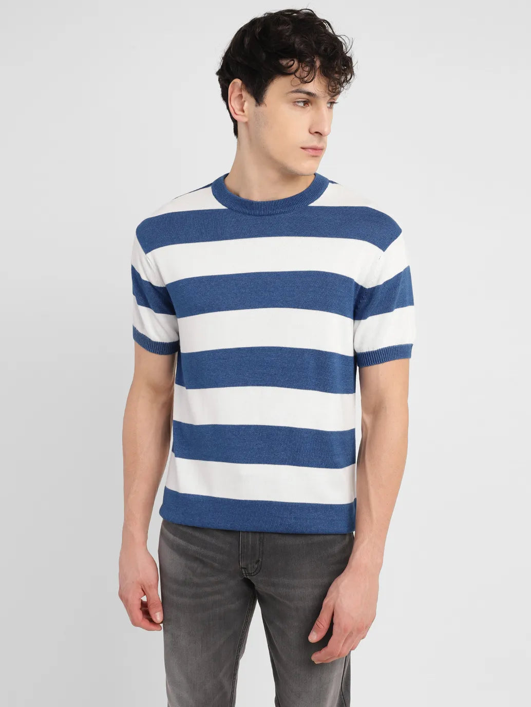 Men's Striped Blue Crew Neck Sweater