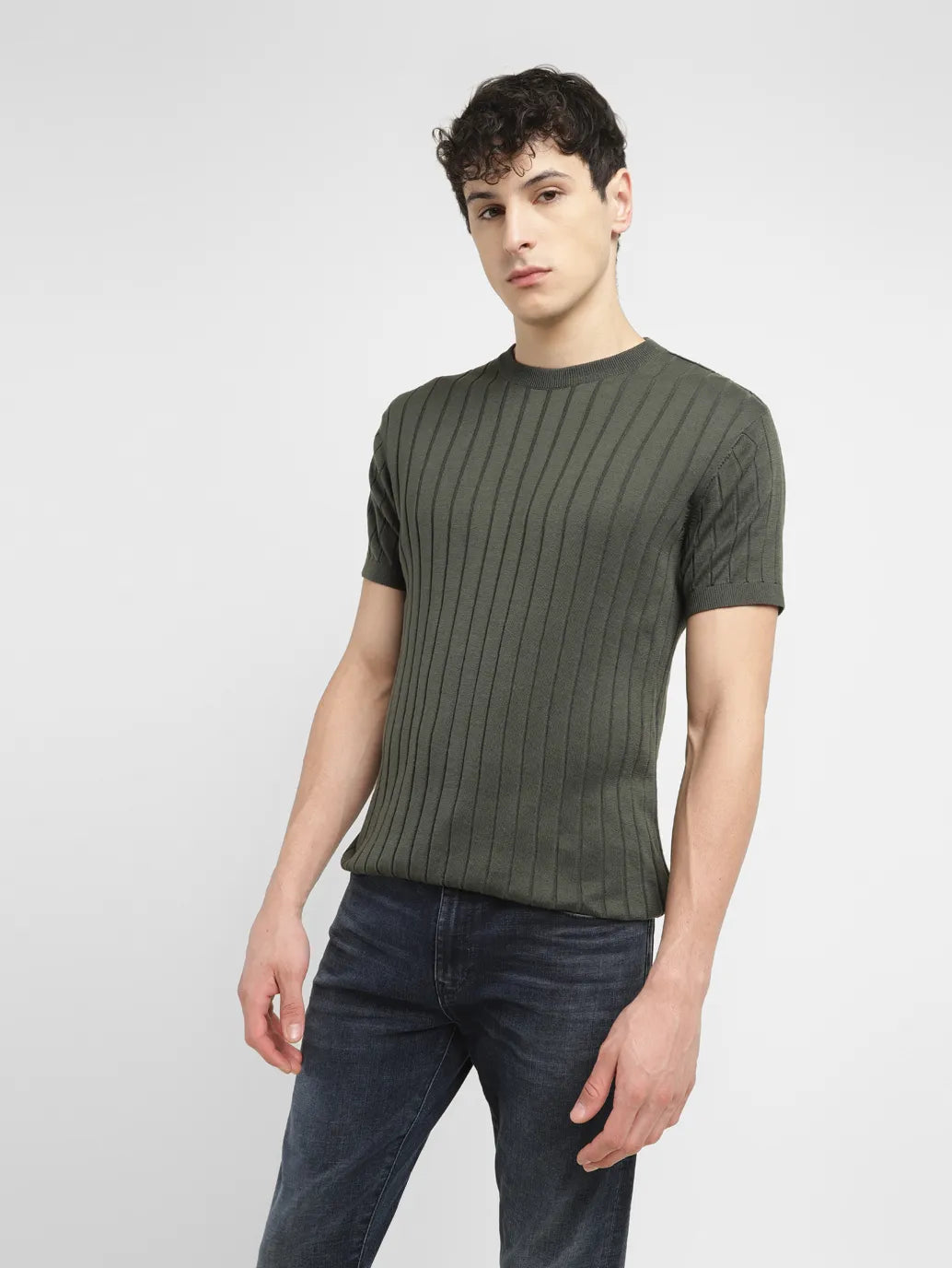 Men's Striped Olive Crew Neck Sweater