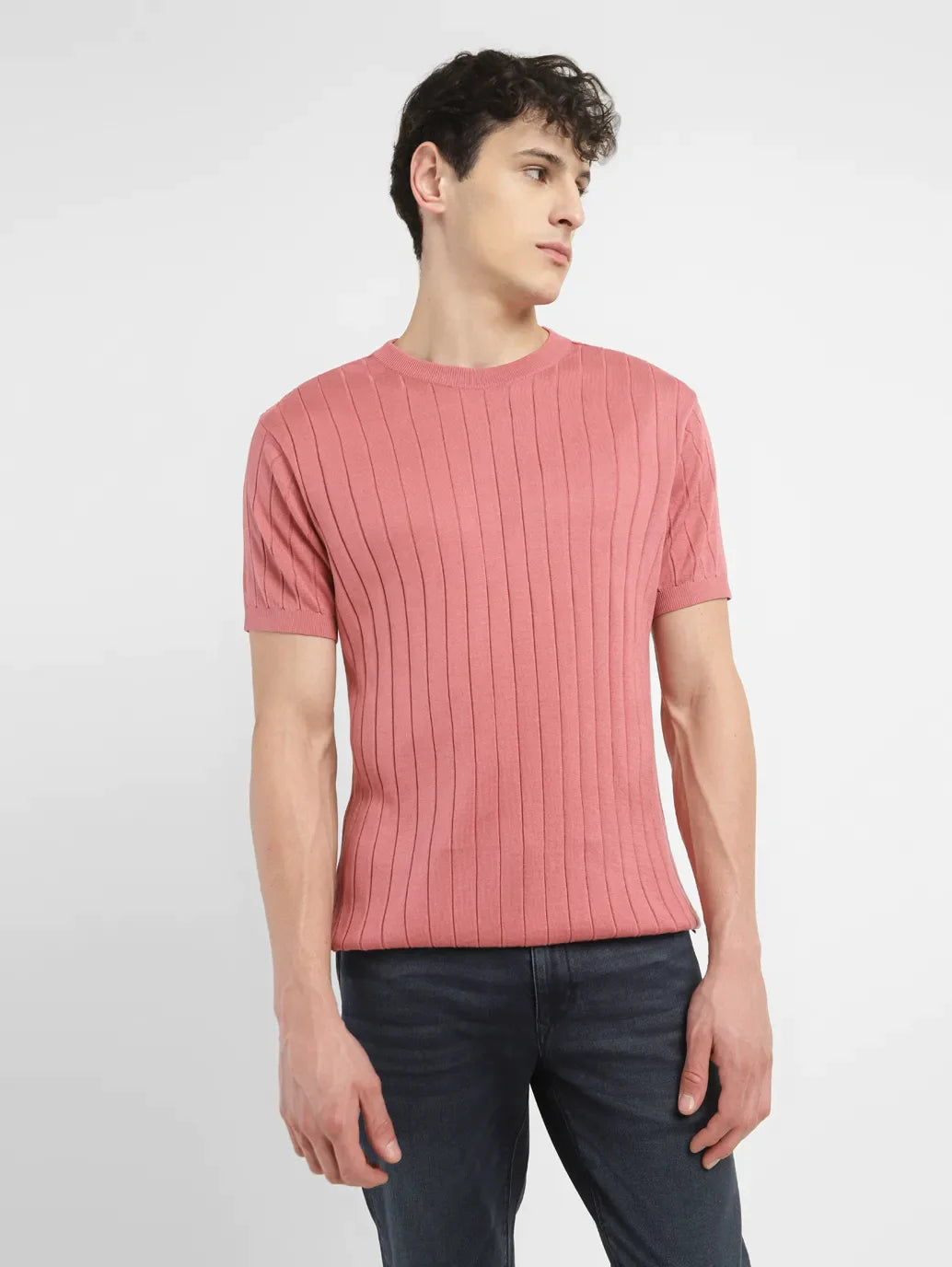Men's Striped Pink Crew Neck Sweater
