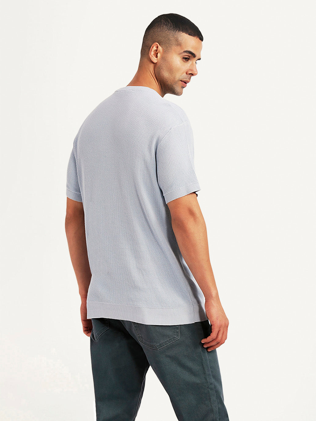 Men's Textured Lilac Slim Fit T-shirt - Back View