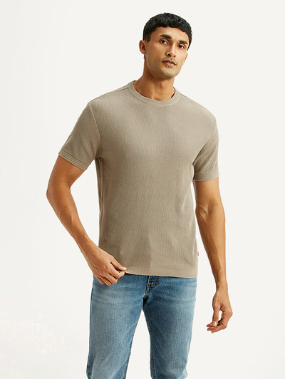 Men's Textured Beige Slim Fit T-shirt-image-18