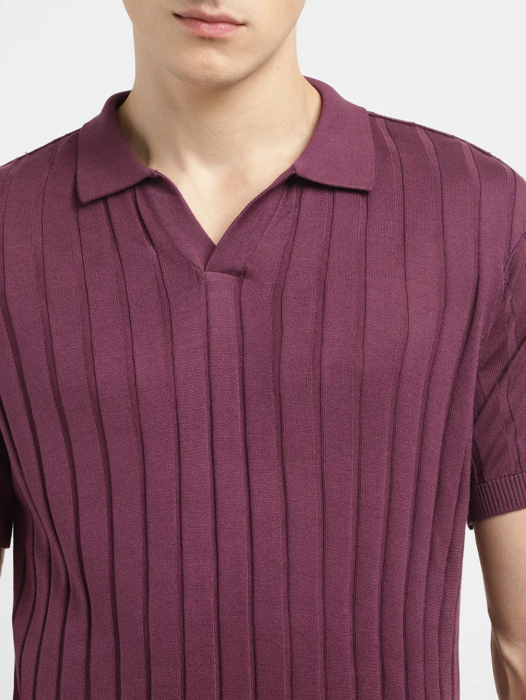 Men's Striped Purple Polo Collar Sweater