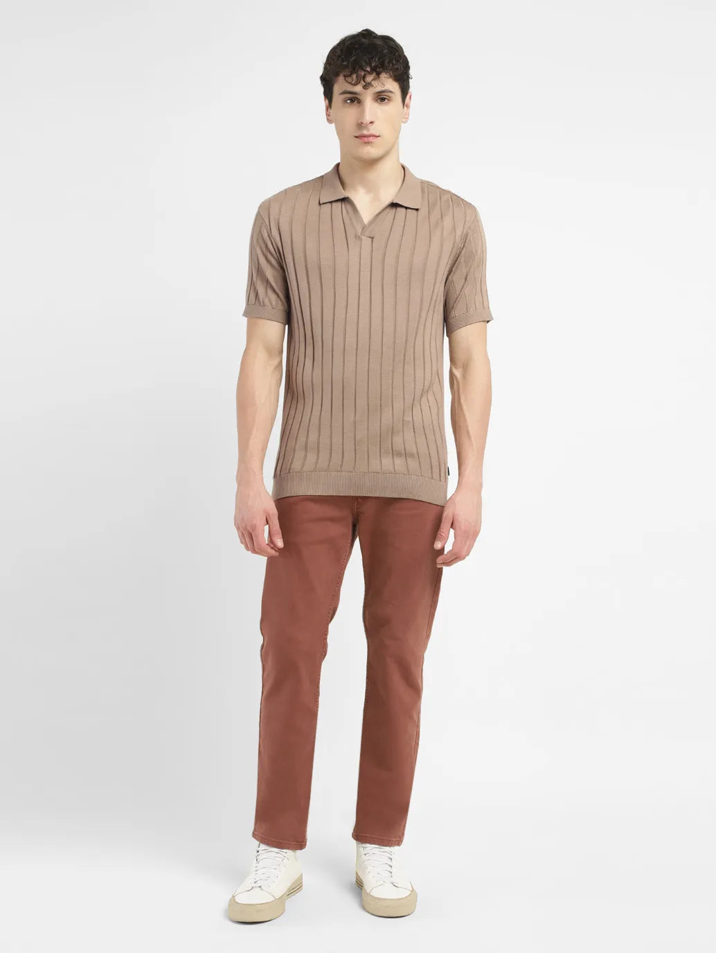 Men's Redloop Striped Khaki Polo Collar Sweater