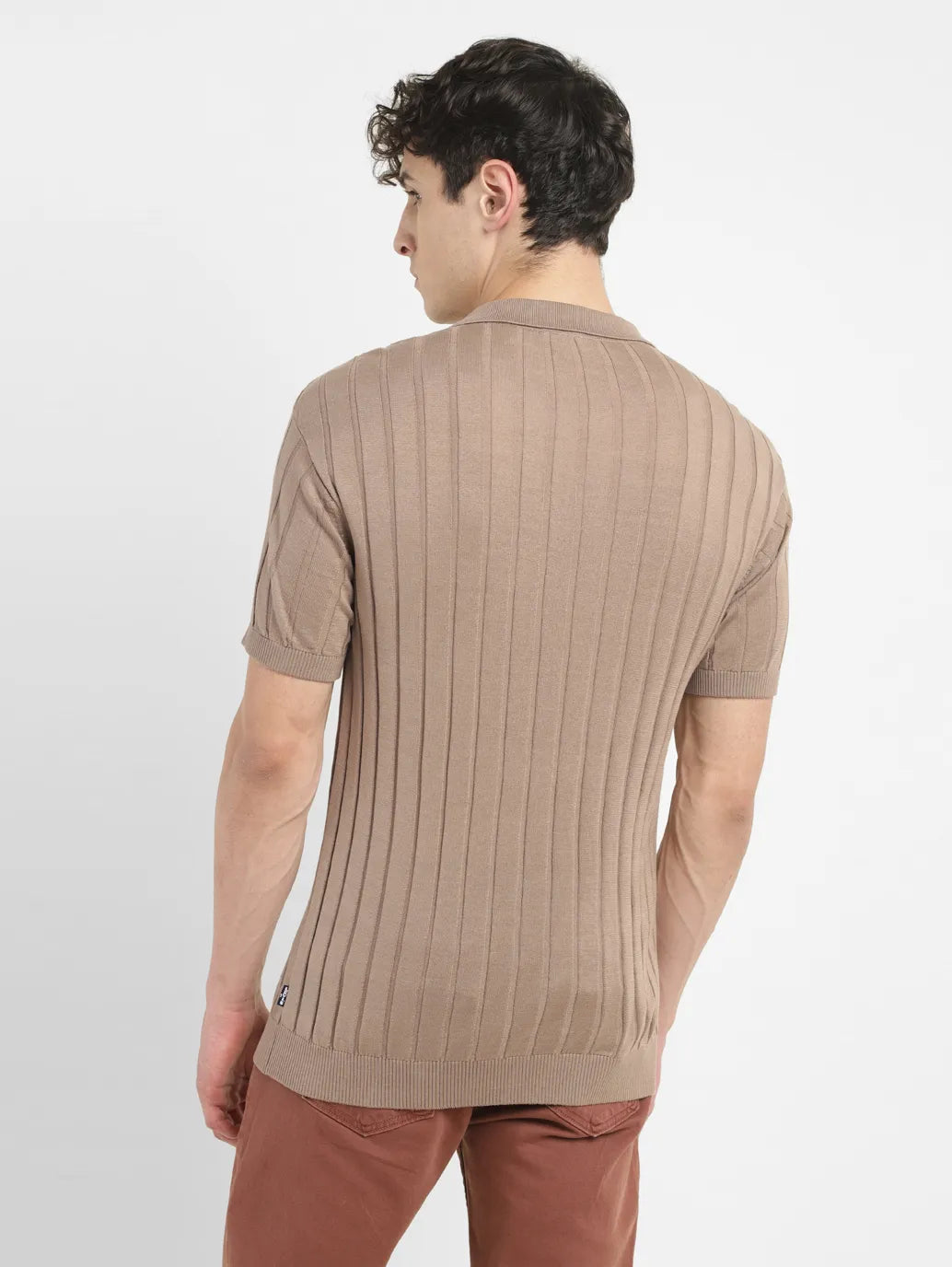 Men's Striped Khaki Polo Collar Sweater