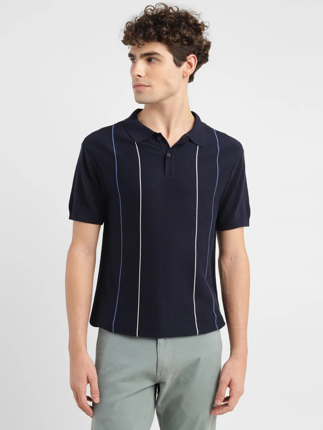Men's Striped Navy Polo Collar Sweater