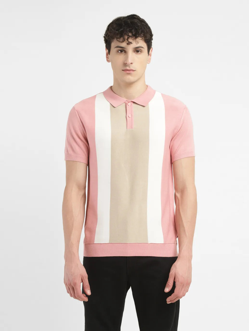 Men's Colorblock Pink Polo Collar Sweater