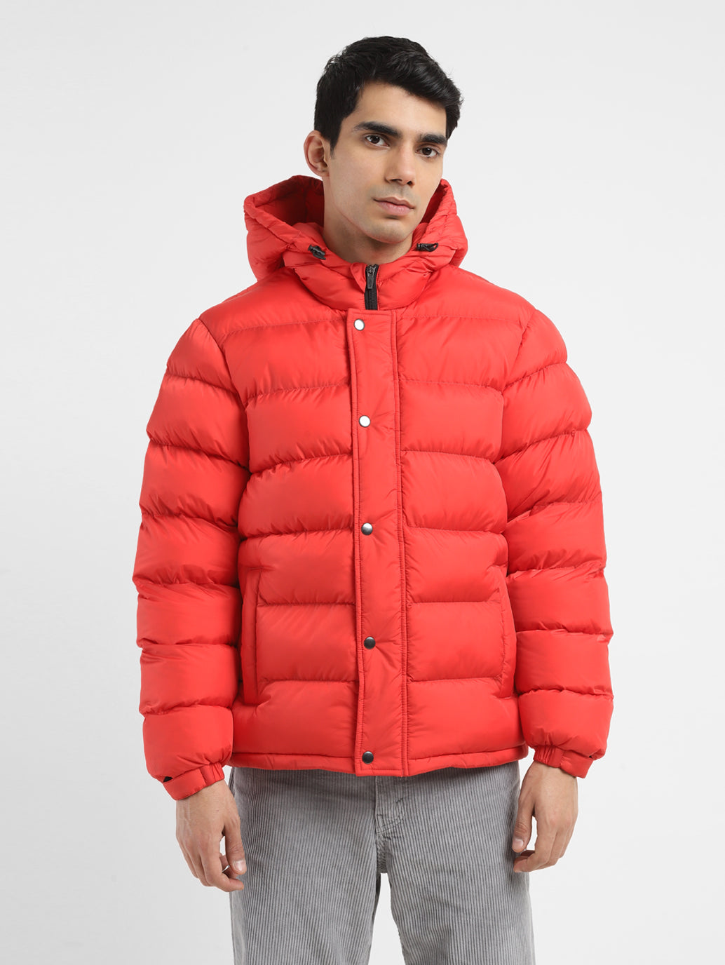 Men's Solid Red Hooded Quilted Jacket