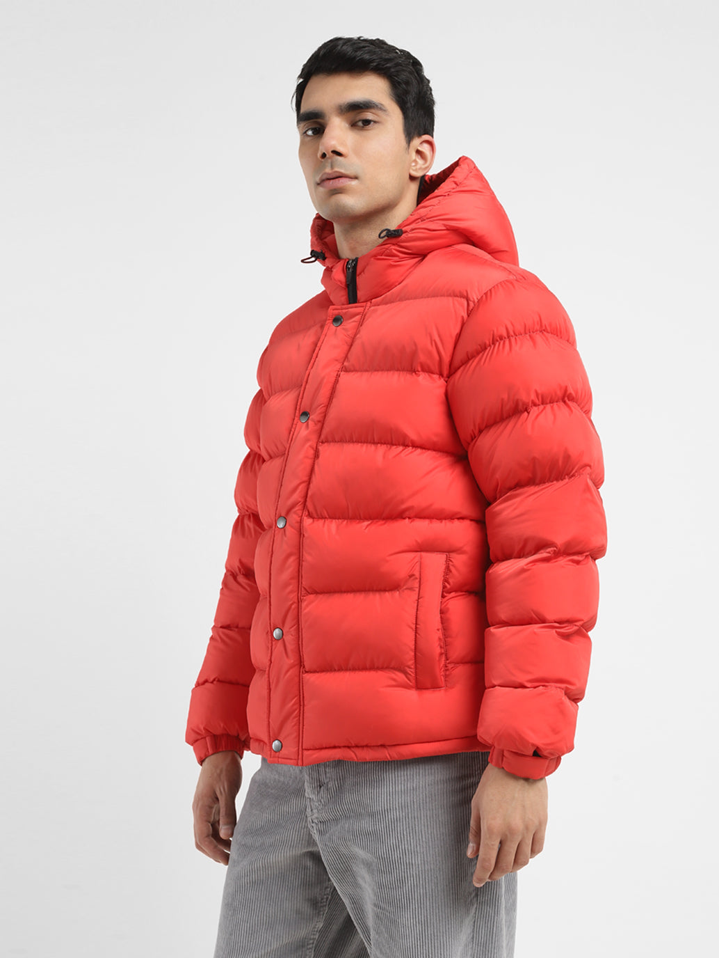 Men's Solid Red Hooded Quilted Jacket