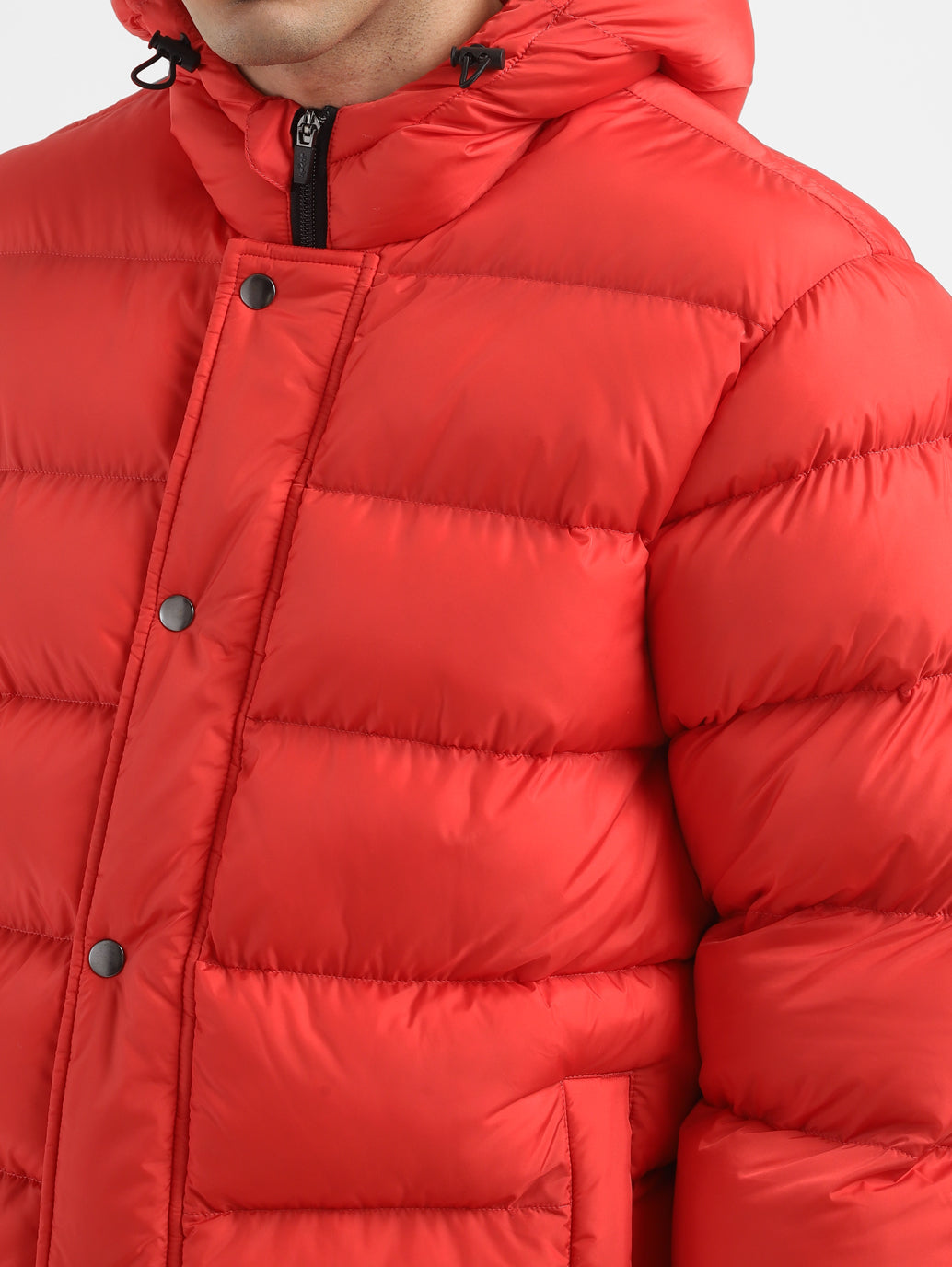 Men's Solid Red Hooded Quilted Jacket