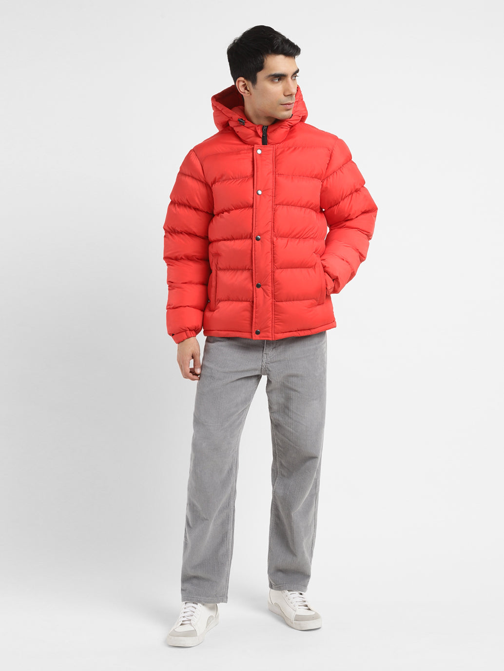 Men's Solid Red Hooded Quilted Jacket