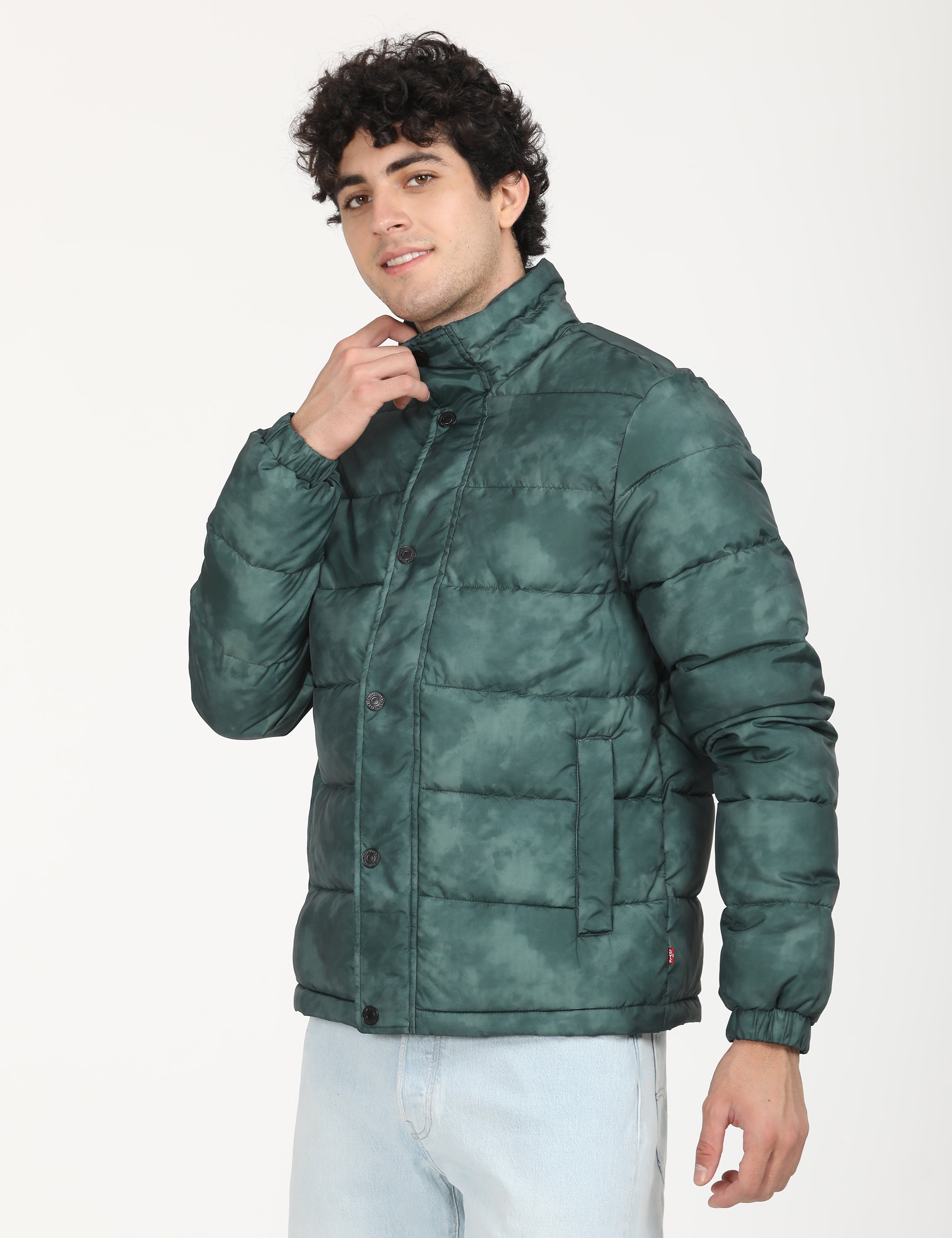 Men's Printed Teal High Neck Puffer Jacket – Levis India Store