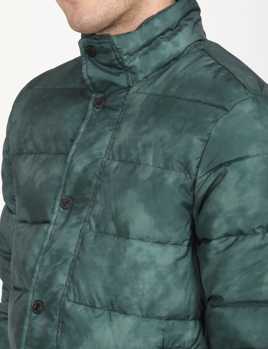 Men's Printed Teal High Neck Puffer Jacket - deatil View