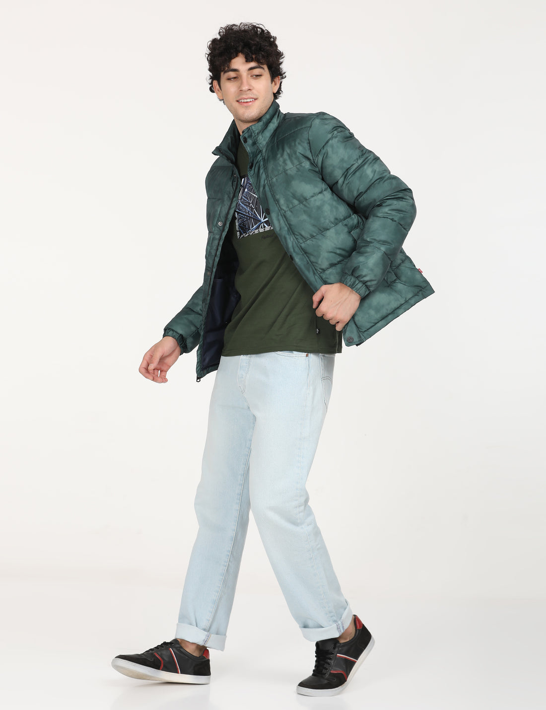 Men's Printed Teal High Neck Puffer Jacket - 7 View