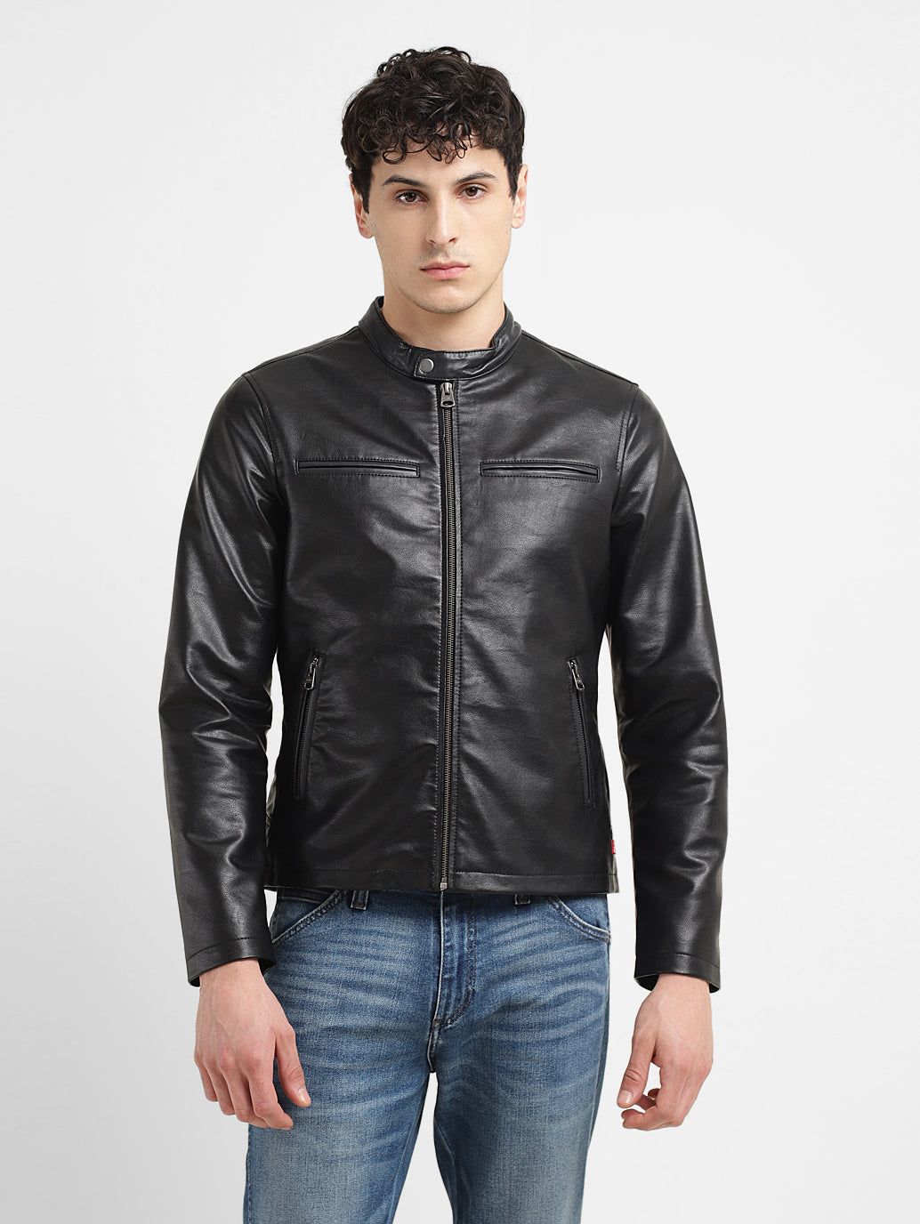 Men's Solid Black Band Neck Biker Jacket - 2998589d-ea2b-4305-816b-576f69abb39e View