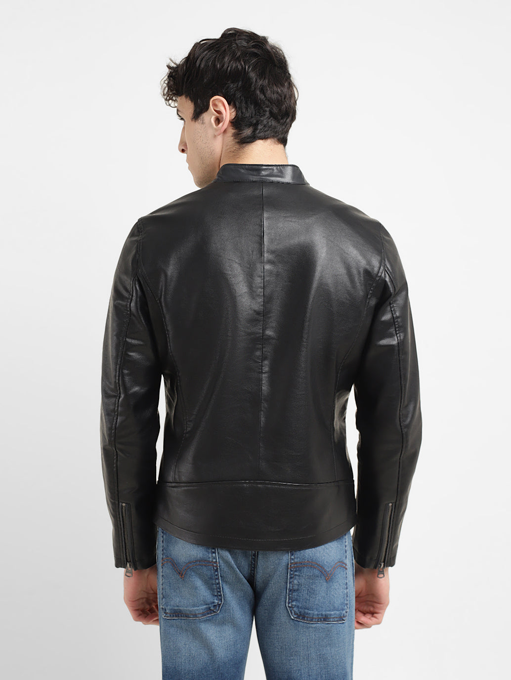 Men's Solid Black Band Neck Biker Jacket - bda5e532-1795-484a-ad93-3efd2ec1680f View