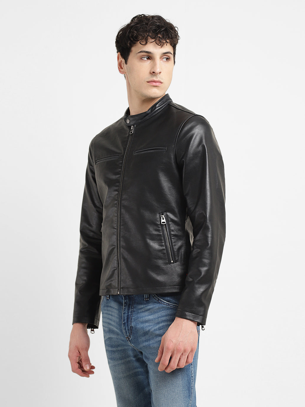 Men's Solid Black Band Neck Biker Jacket - b802c9c9-f020-4d72-b9fb-a83f678e7469 View