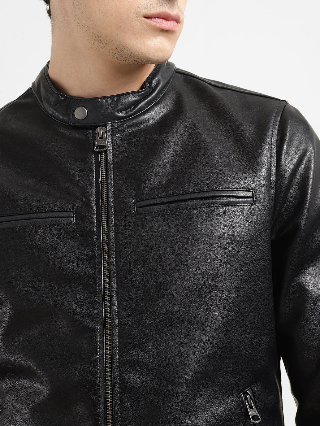 Men's Solid Black Band Neck Biker Jacket - 6c6d7de0-63bf-4ceb-87f9-88c3416ec81f View