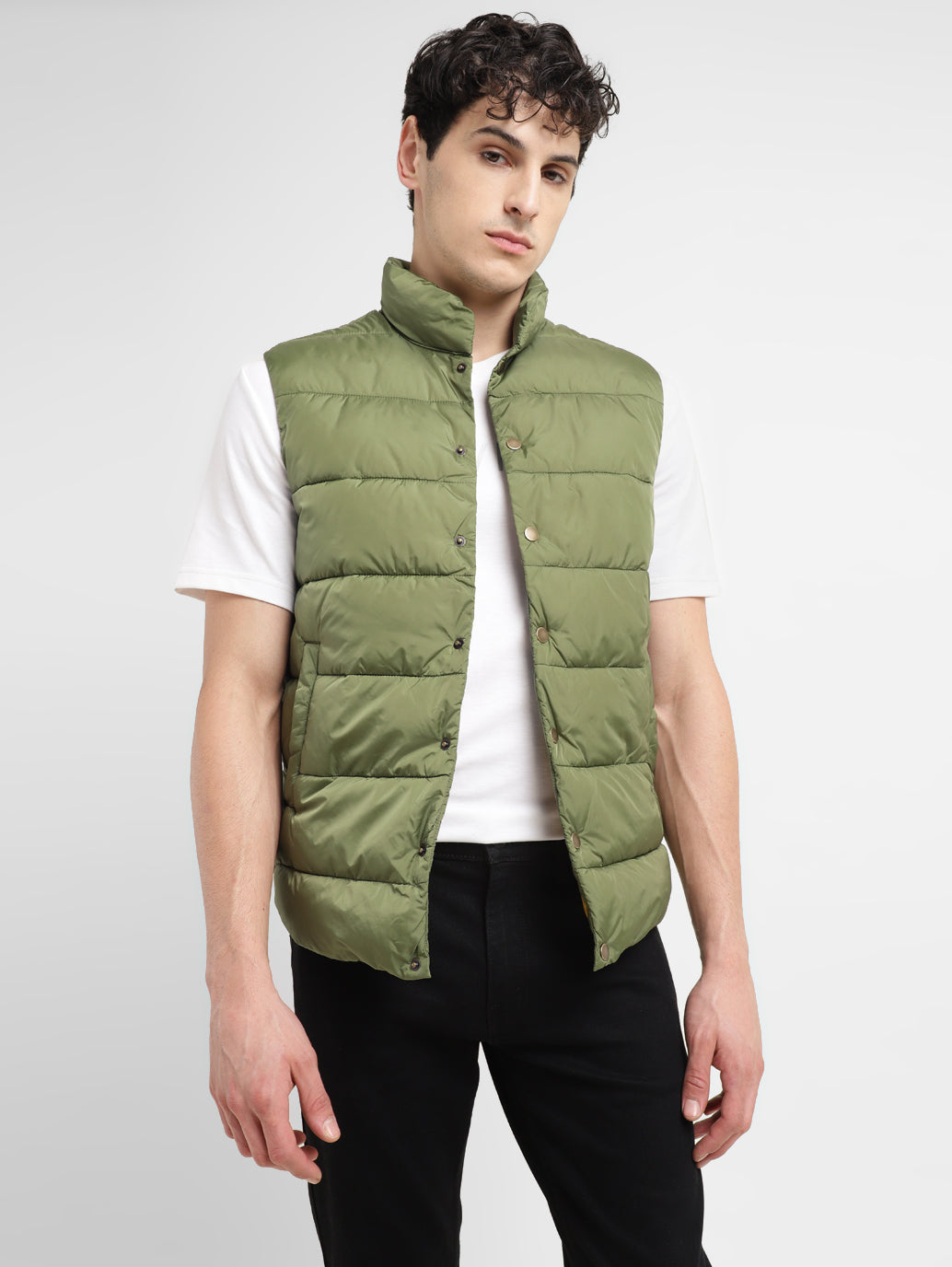 Men's Solid Green Band Neck Quilted Jacket