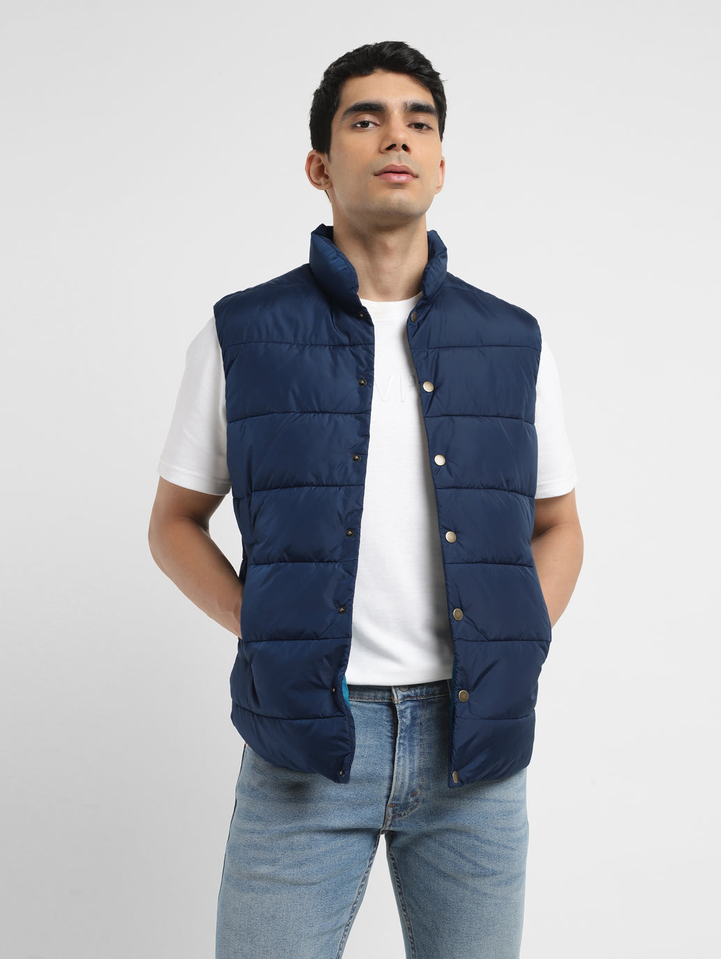 Men's Solid Navy Band Neck Quilted Jacket