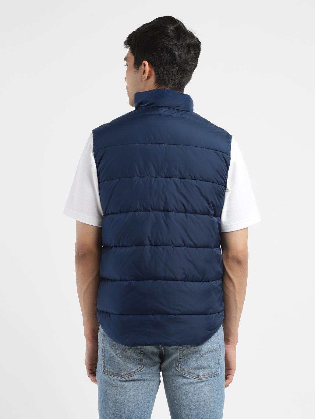 Men's Solid Navy Band Neck Quilted Jacket