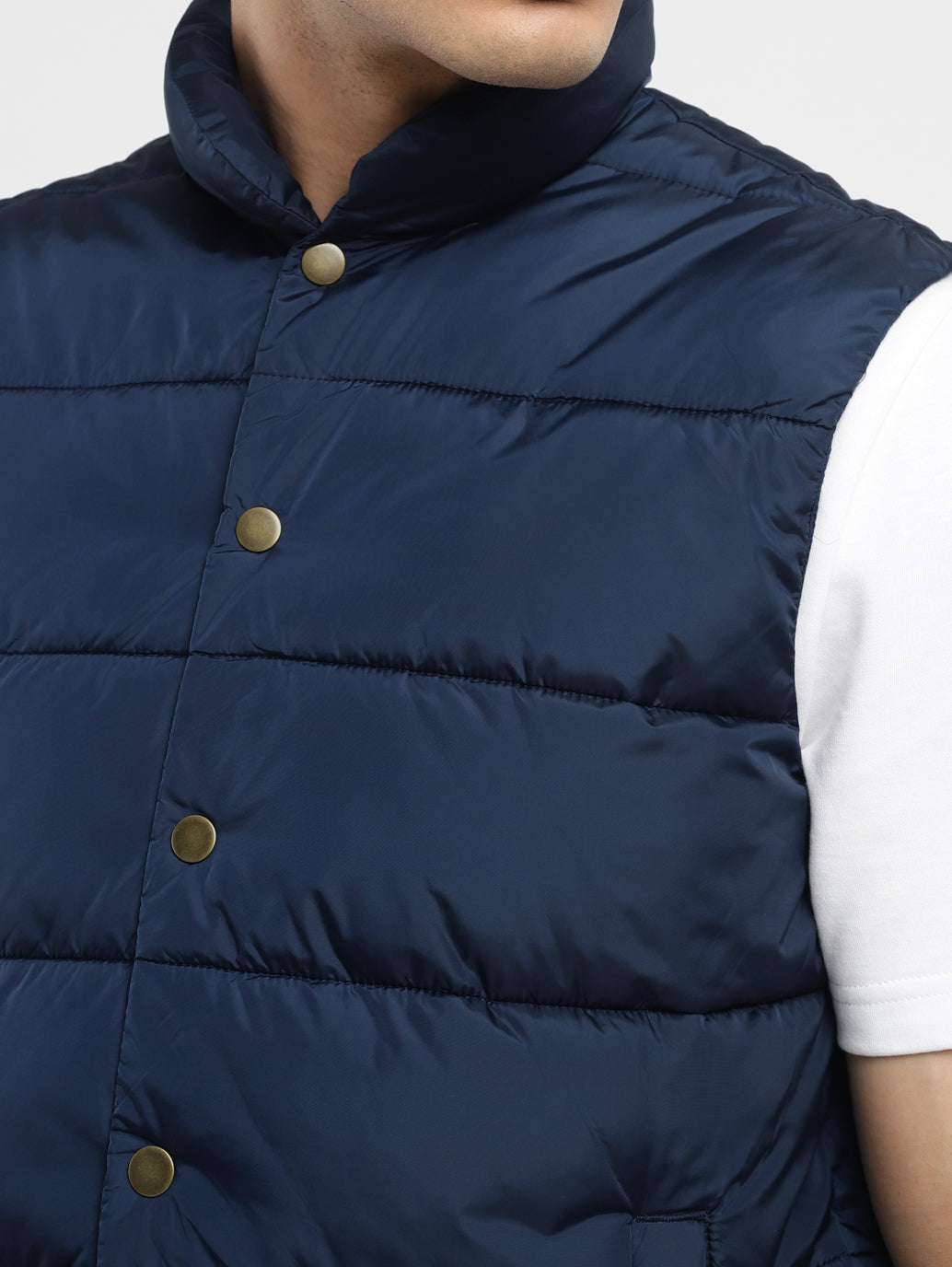 Men's Solid Navy Band Neck Quilted Jacket