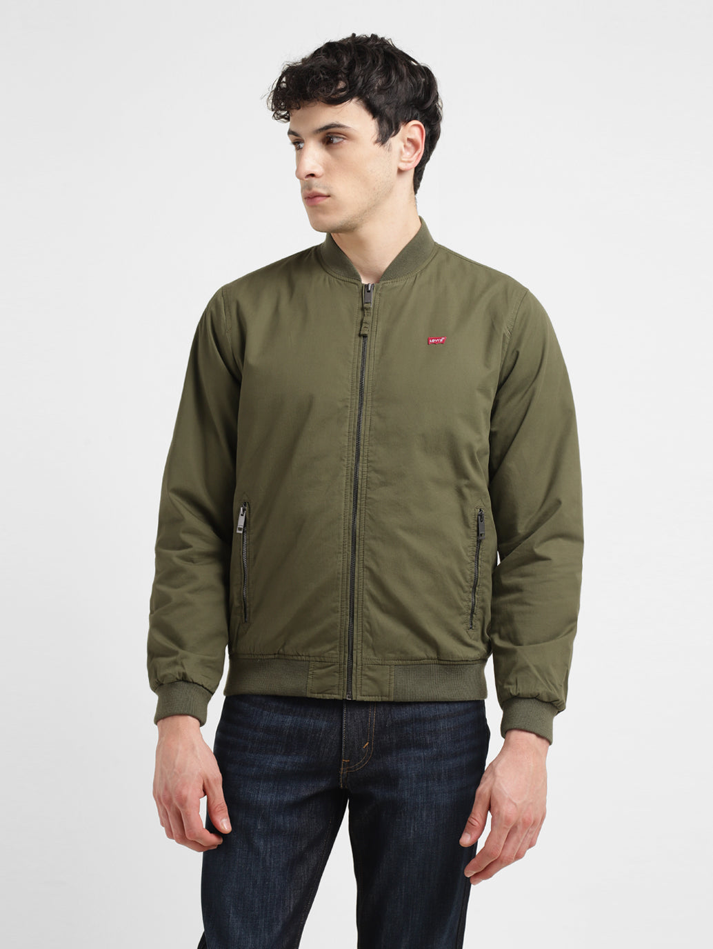 Men's Solid Green Collar Neck Bomber Jacket