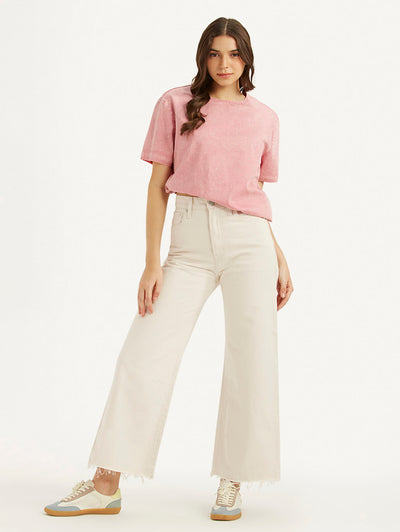 Women's Cream Ribcage Bell Bottom Wide Leg Fit High Rise Jeans