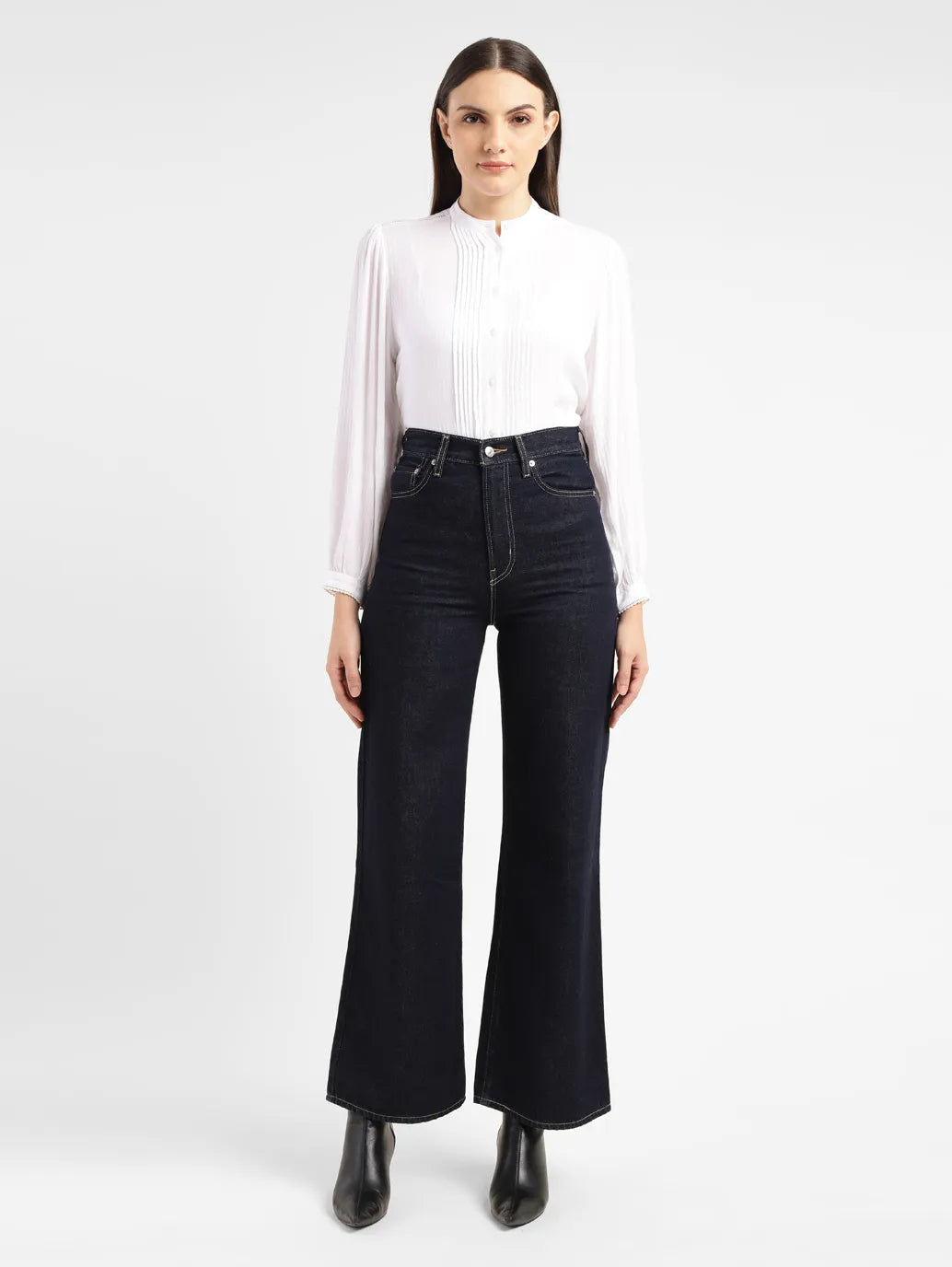 Women's Navy Blue Ribcage Bell Bottom Wide Leg Fit High Rise Jeans
