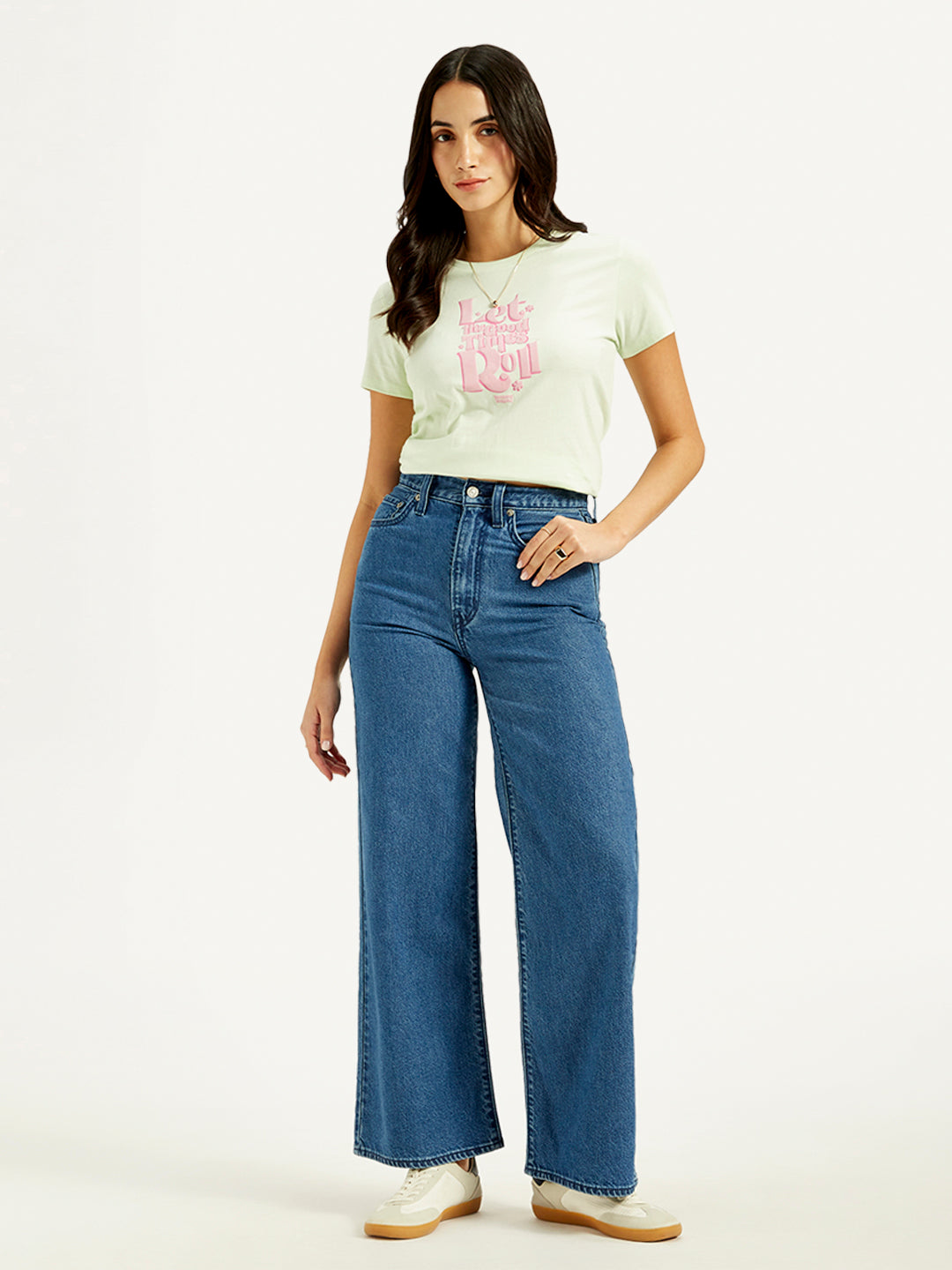 Women's Blue Ribcage Bell Bottom Wide Leg Fit High Rise Jeans