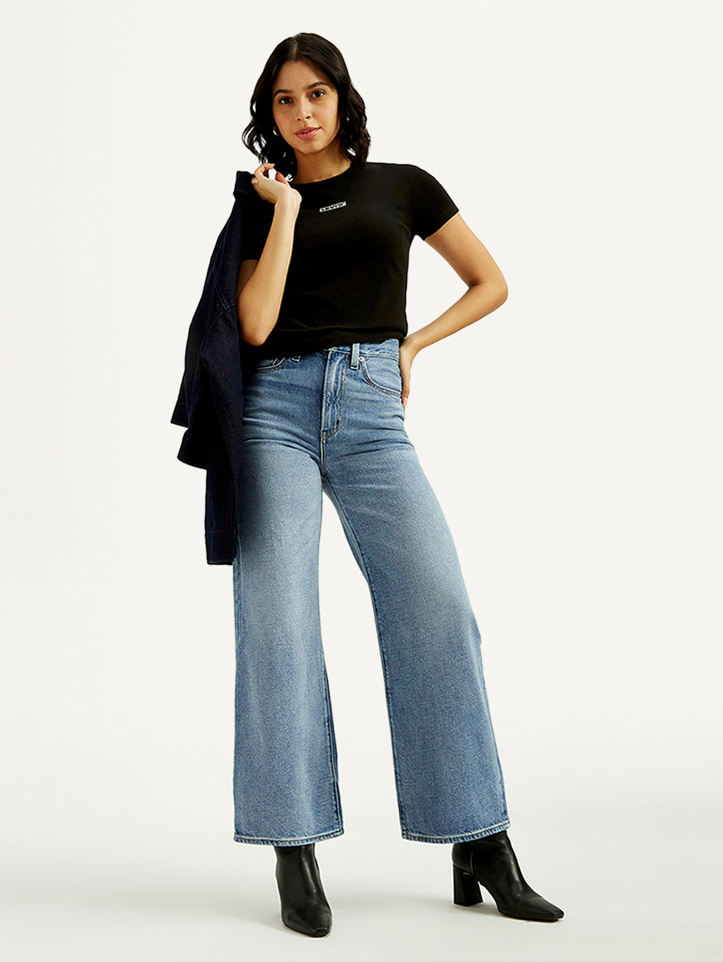 Women's Light Indigo Ribcage Wide Leg Fit High Rise Jeans