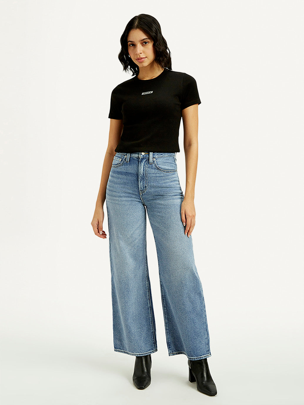 Women's Light Indigo Ribcage Wide Leg Fit High Rise Jeans - Front View